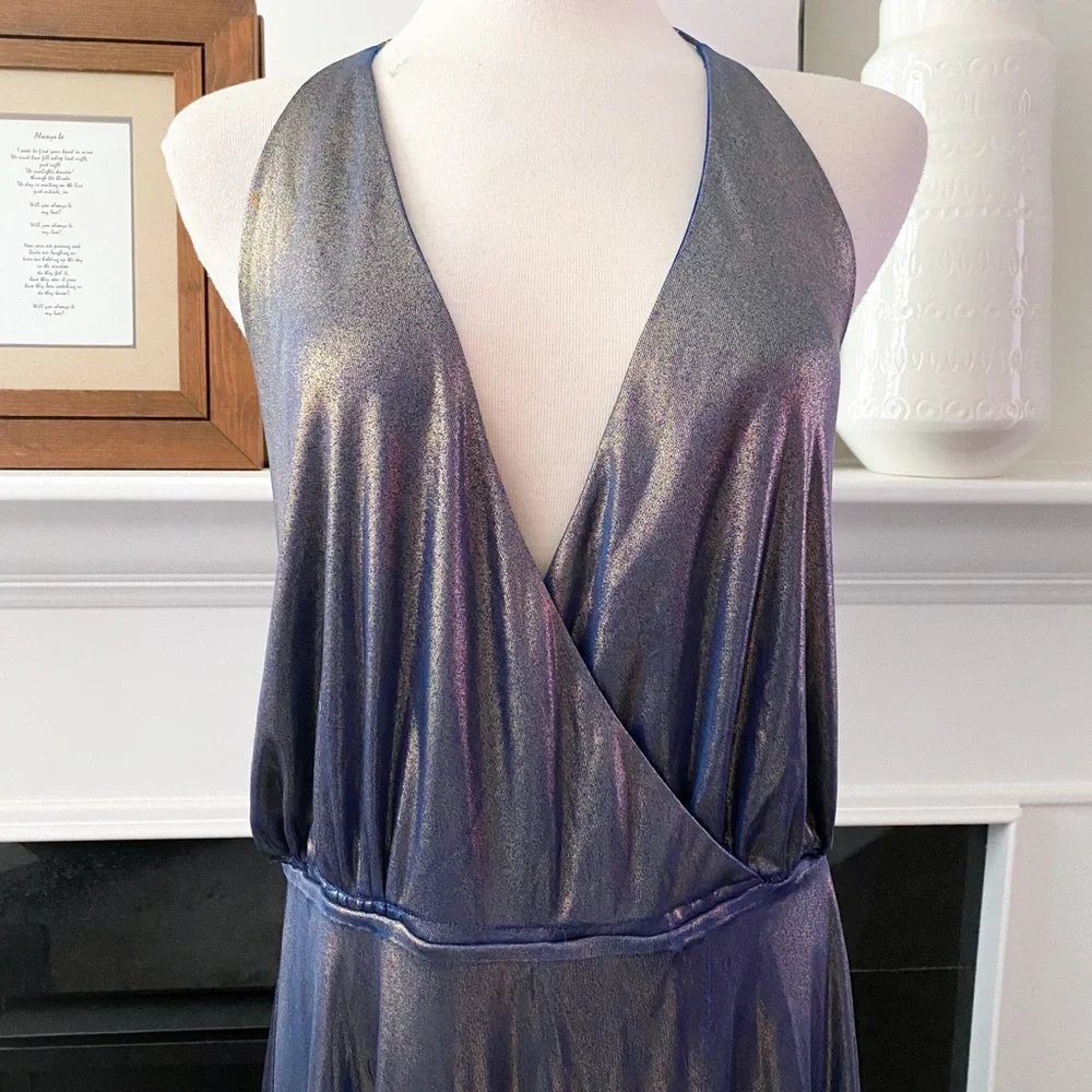 ❗️FINAL PRICE CLOSET CLOSING Halston Heritage Blue Gold Metallic Halter Dress - Picture 3 of 8